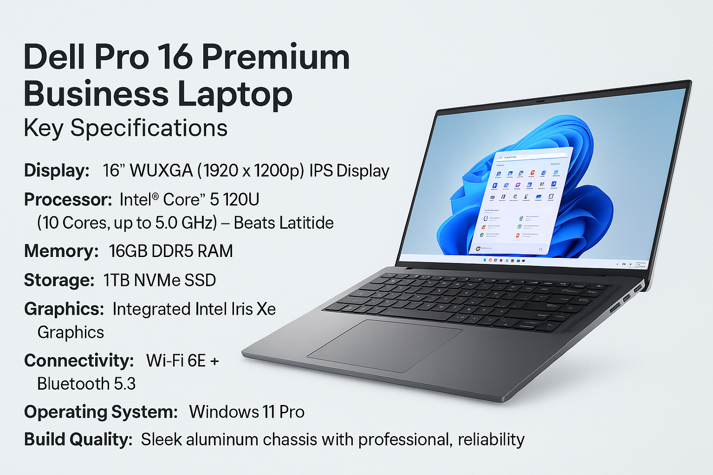 Dell Pro 16 Premium Business Laptop – 16GB RAM | 1TB SSD | Intel Core 5